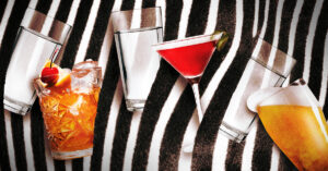 zebra_striping | Calmly Rooted A conceptual image illustrating the "zebra-striping" technique, showing alcoholic beverages interspersed with glasses of water against a zebra-print background to promote mindful drinking and hydration.