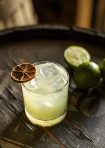 Mushroom Margarita | Calmly Rooted A chilled Mushroom Margarita mocktail with a salted rim and sliced mushroom garnish, representing functional mushroom drinks as a healthy alcohol alternative.