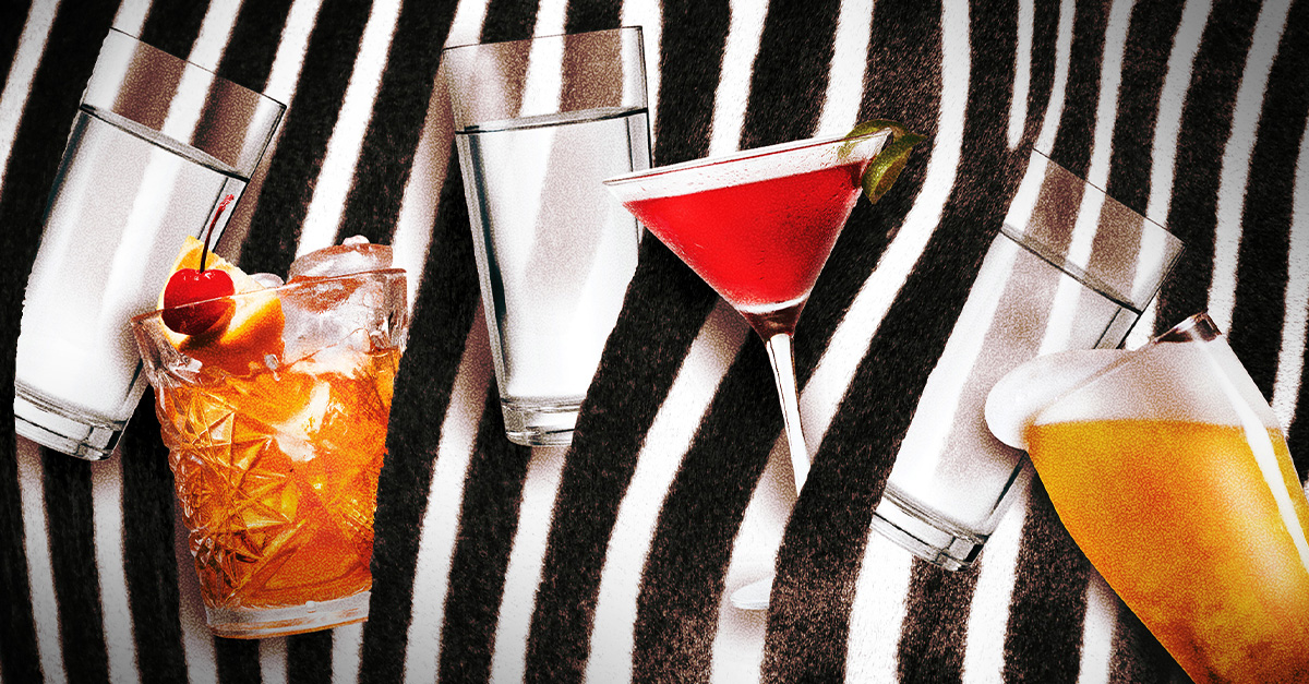 zebra_striping | Calmly Rooted A conceptual image illustrating the "zebra-striping" technique, showing alcoholic beverages interspersed with glasses of water against a zebra-print background to promote mindful drinking and hydration.