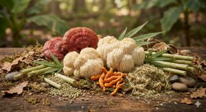 natural-pain-relief-hemp-mushrooms-guide | Calmly Rooted Natural pain relief with hemp and mushrooms featuring raw reishi, lion's mane, and cordyceps on a wooden forest floor.