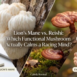 Lion's Mane vs. Reishi Mushroom for Anxiety and Racing Mind | Calmly Rooted Graphic titled Lion's Mane vs. Reishi: Which Functional Mushroom Actually Calms a Racing Mind. The image is split diagonally. The bright left side features a white Lion's Mane mushroom and a person journaling with coffee, labeled Morning Clarity. The warm right side features a red Reishi mushroom and a woman peacefully holding a warm mug, labeled Evening Calm.