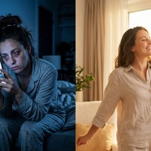 Defeat Bedtime Sabotage & Reclaim Your Energy | Calmly Rooted Split-screen of a tired woman on her phone in the dark vs. the same woman feeling energized and refreshed in morning sunlight.