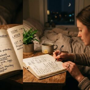 Woman Practicing an Evening Brain Dump Ritual | Calmly Rooted A split-screen image showing a close-up of a handwritten brain dump journal page and a woman writing in a notebook by a window at night to clear mental clutter.