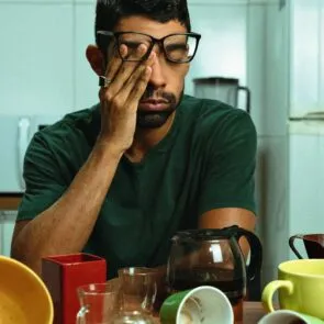 Caffeine Sensitivity and Sleep Exhaustion | Calmly Rooted An exhausted man rubbing his eyes while sitting at a kitchen table surrounded by multiple empty coffee mugs and a coffee pot, illustrating the cycle of caffeine sensitivity and disrupted sleep.