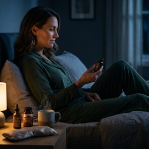 Tools for a 3 AM Wake-Up and Mid-Night Regulation | Calmly Rooted A woman awake in bed at 3 AM holding a calming botanical tincture, with a weighted eye pillow, warm mug, and premium sleep supplements resting on her illuminated nightstand.