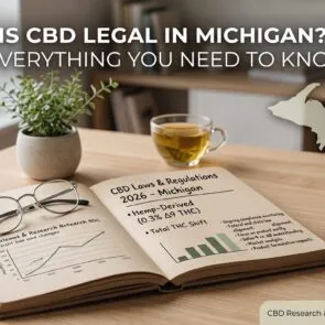 Is CBD Legal in Michigan Guide | Calmly Rooted An open notebook displaying Michigan CBD laws and regulations next to a map of Michigan, glasses, and a cup of tea, illustrating a complete guide on whether CBD is legal in Michigan.
