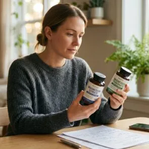 Comparing Magnesium Citrate and Magnesium Threonate | Calmly Rooted A woman sitting at a table in a calm, sunlit room, thoughtfully comparing a bottle of magnesium citrate and a bottle of magnesium threonate next to a notebook and a warm mug.