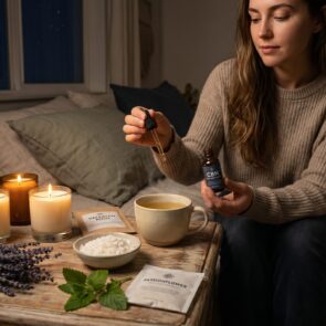 Curated Collection of Natural Sleep Aids highlighting CBN Oil | Calmly Rooted An atmospheric night photograph showing a collection of plant-based natural sleep aids like lavender, chamomile, and valerian root surrounding a prominent bottle labeled "CBN OIL FOR DEEP SLEEP" on a wooden bedside table under warm lamp light.