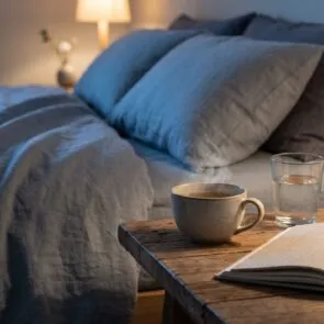 A dimly lit, cool-toned bedroom with a glass of water, calming tea, and an open journal on the nightstand, illustrating a restful bedtime routine for perimenopause insomnia. | Calmly Rooted A dimly lit, cool-toned bedroom with a glass of water, calming tea, and an open journal on the nightstand, illustrating a restful bedtime routine for perimenopause insomnia.