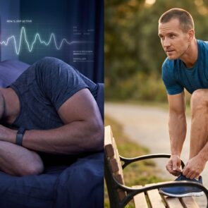 Athlete REM Sleep and Morning Muscle Recovery | Calmly Rooted A side-by-side view showing an athlete in deep REM sleep wearing a fitness tracker, next to the same athlete looking fully recovered and energetic while tying his running shoes the next morning.