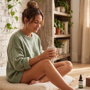 Hormones Are Out of Balance - Calmly Rooted Blog Feature | Calmly Rooted A woman sitting on a floor cushion in a bright room, holding a steaming mug of wellness tea next to a Calmly Rooted wellness product bottle, learning how to fix it when hormones are out of balance.