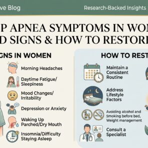 Sleep Apnea Symptoms in Women Guide | Calmly Rooted An educational infographic comparing traditional sleep apnea signs with often-missed symptoms in women, such as morning headaches, daytime fatigue, and insomnia, alongside actionable lifestyle tips to restore deep rest.