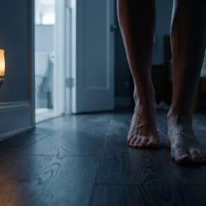 Weary Feet Journey to Bathroom at Night (Nocturia) | Calmly Rooted A close-up photograph focusing on weary bare feet walking across a cool wooden floor at night, heading toward a dimly lit bathroom, illustrating the disruption of waking up to pee at night.