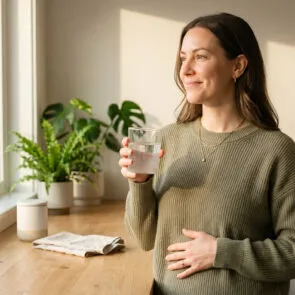 Woman Experiencing Calm Energy with Inositol Supplement | Calmly Rooted A serene woman standing by a sunlit window in a cozy room, smiling gently as she holds a glass of water mixed with an inositol supplement, representing balanced hormones and steady daily energy.