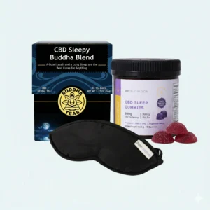 The Total Nightly Reset Bundle featuring MelaMed Premium CBD, organic Buddha Teas, and a weighted eye pillow for an alcohol-free relaxation ritual in West Bloomfield, MI.