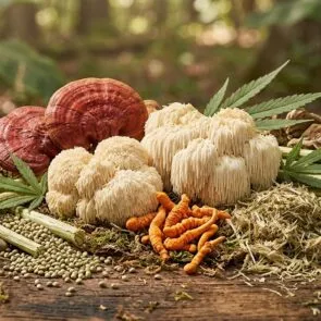 natural-pain-relief-hemp-mushrooms-guide | Calmly Rooted Natural pain relief with hemp and mushrooms featuring raw reishi, lion's mane, and cordyceps on a wooden forest floor.