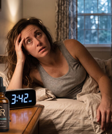 A frustrated woman awake in bed at 3:42 a.m. next to a glass of wine, illustrating how alcohol disrupts sleep, with a bottle of CalmlyRooted wellness drops on the nightstand.