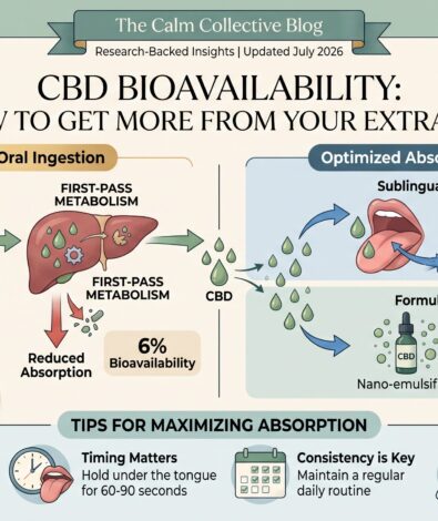 An educational infographic explaining CBD bioavailability, comparing first-pass metabolism from oral digestion with maximized absorption through sublingual CBD extracts, alongside tips to improve CBD effects.