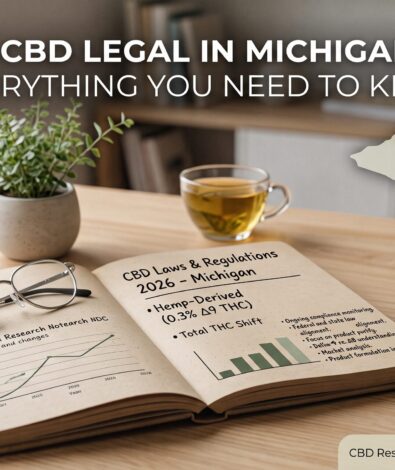 An open notebook displaying Michigan CBD laws and regulations next to a map of Michigan, glasses, and a cup of tea, illustrating a complete guide on whether CBD is legal in Michigan.