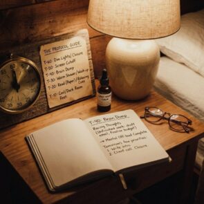 A warm bedside table setup illustrating the Last Hour Protocol, featuring a vintage timer, an open journal for a bedtime brain dump, and a wellness tincture under soft lamp light to calm racing thoughts before sleep.