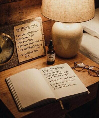 A warm bedside table setup illustrating the Last Hour Protocol, featuring a vintage timer, an open journal for a bedtime brain dump, and a wellness tincture under soft lamp light to calm racing thoughts before sleep.