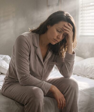 An exhausted woman sits on the edge of her unmade bed, head in hands, struggling to wake up. This image illustrates morning grogginess and the heavy feeling of sleep inertia as natural daylight filters through the room.