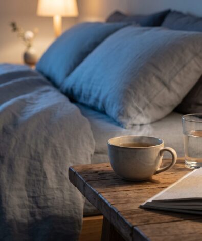 A dimly lit, cool-toned bedroom with a glass of water, calming tea, and an open journal on the nightstand, illustrating a restful bedtime routine for perimenopause insomnia.