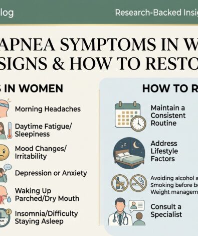 An educational infographic comparing traditional sleep apnea signs with often-missed symptoms in women, such as morning headaches, daytime fatigue, and insomnia, alongside actionable lifestyle tips to restore deep rest.