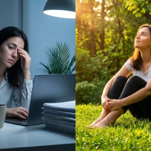 Split-screen showing a woman experiencing fatigue and brain fog at an indoor office desk under low light, contrasted with her feeling energized and soaking in natural sunlight outdoors in a green field.