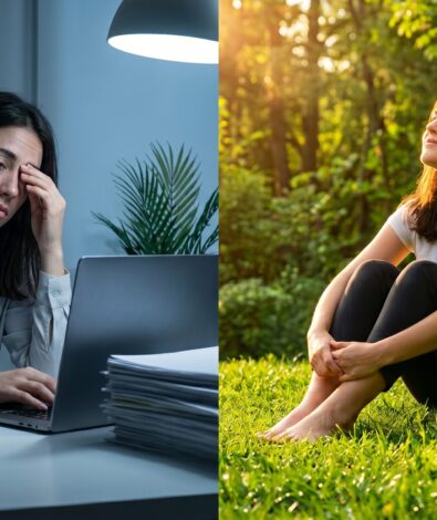 Split-screen showing a woman experiencing fatigue and brain fog at an indoor office desk under low light, contrasted with her feeling energized and soaking in natural sunlight outdoors in a green field.