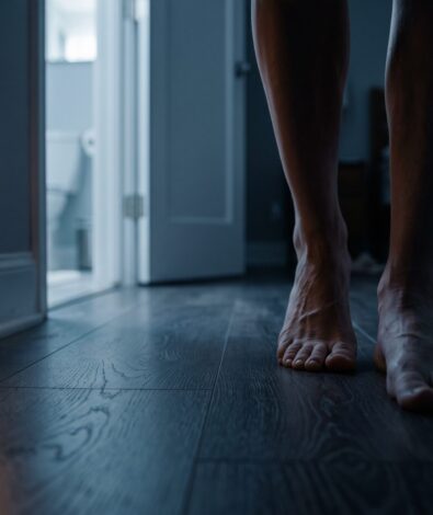 A close-up photograph focusing on weary bare feet walking across a cool wooden floor at night, heading toward a dimly lit bathroom, illustrating the disruption of waking up to pee at night.