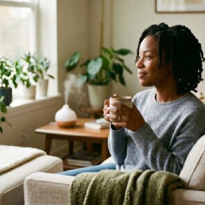 A Black woman sitting peacefully on a comfortable armchair in a cozy, plant-filled living room, holding a warm mug. She is looking out the window, representing stress relief and calming the nervous system.