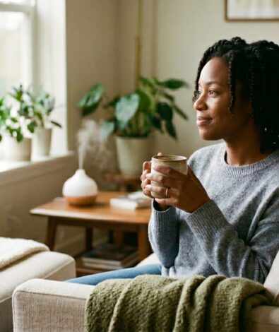 A Black woman sitting peacefully on a comfortable armchair in a cozy, plant-filled living room, holding a warm mug. She is looking out the window, representing stress relief and calming the nervous system.